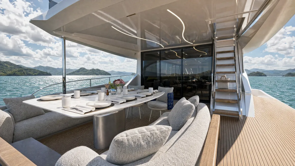 Intermarine 25M — Popa — com mesa, vista de bordo