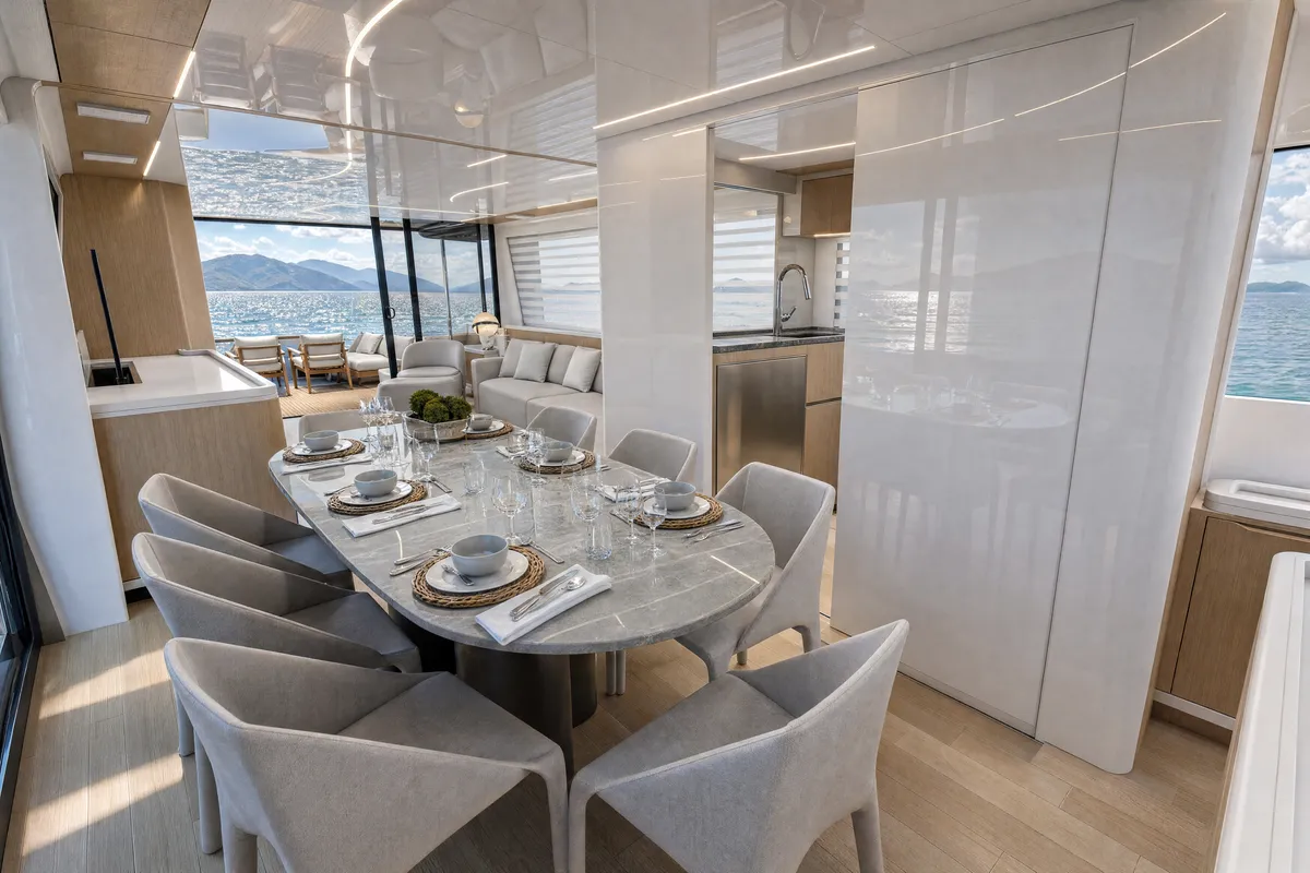 Intermarine 25M — Salão — cozinha fechada, com mesa